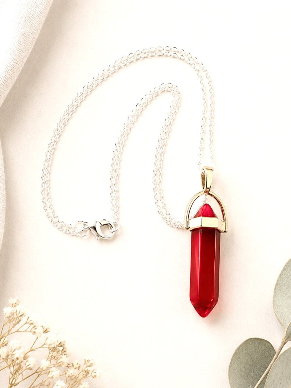 Red Crystal Quartz Bullet Point Silver Pendant Necklace, Unisex, Spiritual